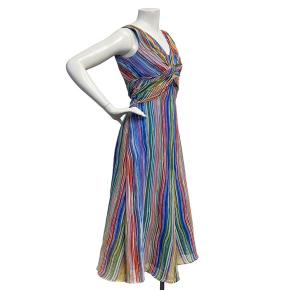 Maggy Boutique Sz 4 Waterfall Stripe Twist Front Midi Flare Dress Summer Rainbow - Picture 3 of 11